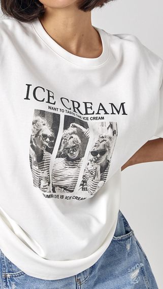 Бавовняна футболка вільного крою з написом Ice Cream - молочний цвет, ONE SIZE (є розміри) | Зображення 3