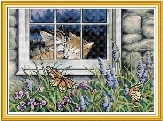 Набір для вишивання за нанесеною на канву схемою "Feline Love". AIDA 14CT printed 30*21 см