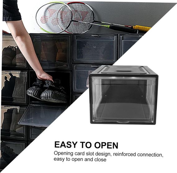 Коробка для взуття прозора пластикова складна велика, набір органайзерів 3 шт бокс чорний для зберігання кросівок | Зображення 5