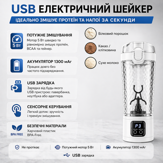 Электрический шейкер для протеина 700 мл с USB зарядкой и LED-дисплеем — Автоматический миксер для спортивного питания.  Белый | Зображення 4