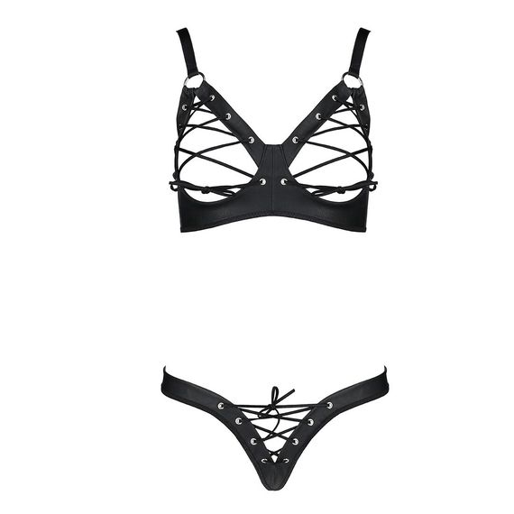 Комплект з екошкіри Passion CELINE BIKINI S/M black відкритий бра зі стрічками, стрінги зі шнурівкою | Зображення 2