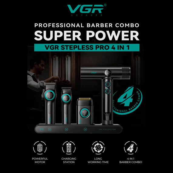 Набір VGR STEPLERSS RPO 4 IN 1 BLACK, машинка для стрижки, тример, електробритва, фен | Зображення 3