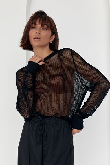 Вязаная ажурная кофта oversize в сеточку черный цвет L