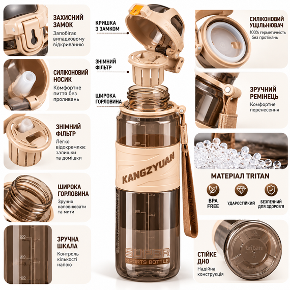 Спортивная бутылка KANGZYUAN 1000 мл - Коричневая Tritan BPA-free, ударопрочная эко-бутылка с фильтром и ремешком | Зображення 6