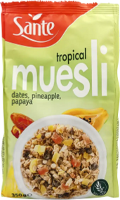 Мюсли  цельнозерновые Sante Muesli, 350г, с кусочками тропических фруктов, мюсли с орехами, кранчи