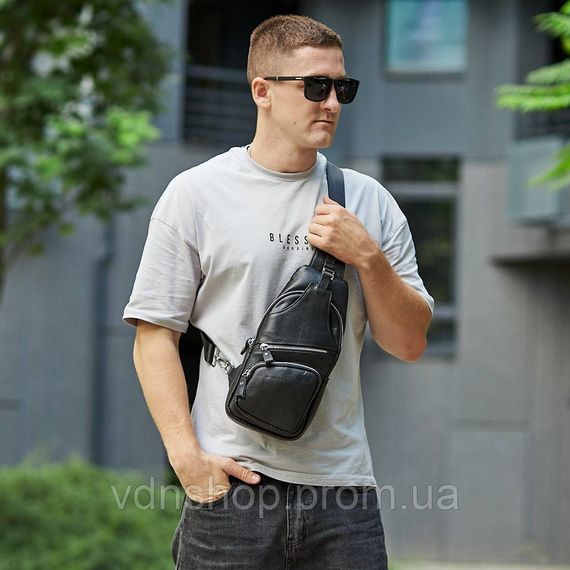 Чоловіча шкіряна сумка-слінг 17х32х7, бананка для роботи та офісу TIDING BAG - MK-96303 чорна | Зображення 2