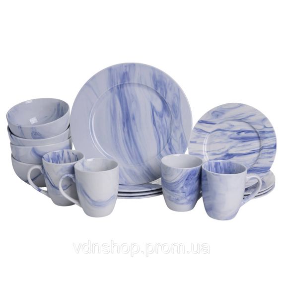 Столовий набір посуду тарілок і чашок 16 предметів на 4 особи Marble Clara порцеляновий Синій MD-16-3B | Зображення 6