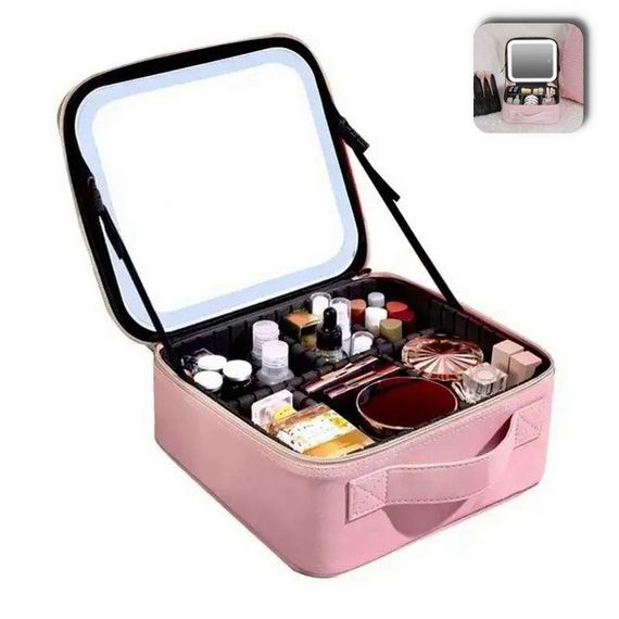 Портативна косметичка органайзер дорожній бьюті кейс з ручкою для з дзеркалом та LED-підсвічуванням рожевий | Зображення 9