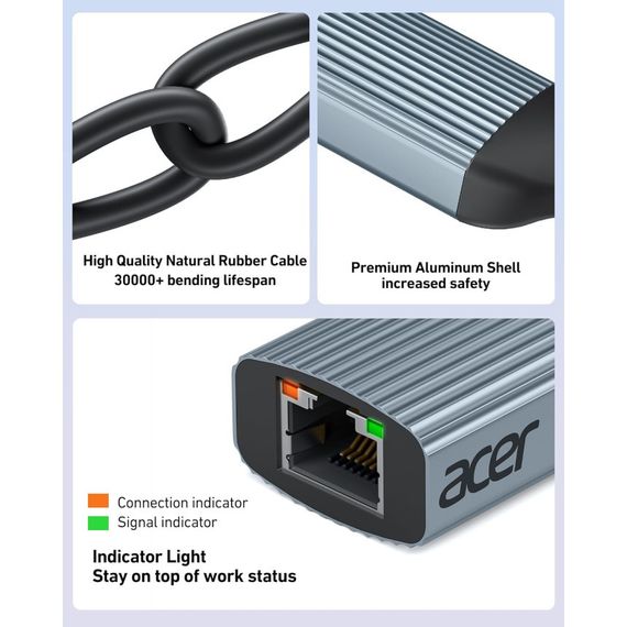 Адаптер Acer USB C - Ethernet, преобразователь RJ45 - Type C Ethernet (совместим с Thunderbolt 3/4), алюминиев | Зображення 4