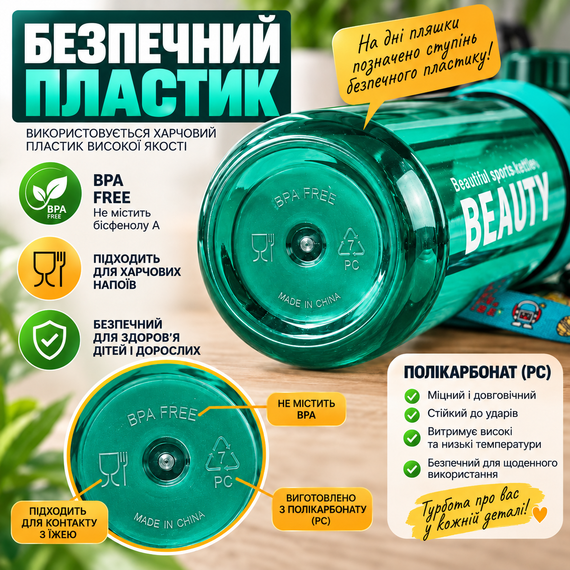 Пляшка Beauty 1500 мл для активного відпочинку з трубочкою та стильним ременем Зелена | Зображення 5