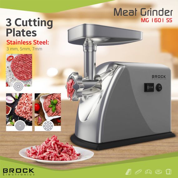 М'ясорубка BROCK  MG 1601 SS 1400Вт/2кг/хв/реверс/3 решітки/насадка для ковбас/кеббе/3 терки/срібна | Зображення 9