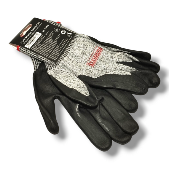 Рукавички захисні сірі із захистом від порізів та чорним нiтриловим покриттям, червоний оверлок HAISSER (211222) | Зображення 1