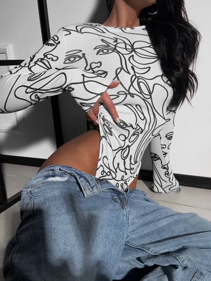 Женское боди из микродайвинга с принтом и длинным рукавом RO130 цвет черно-белый, размер 42/44 | Зображення 1