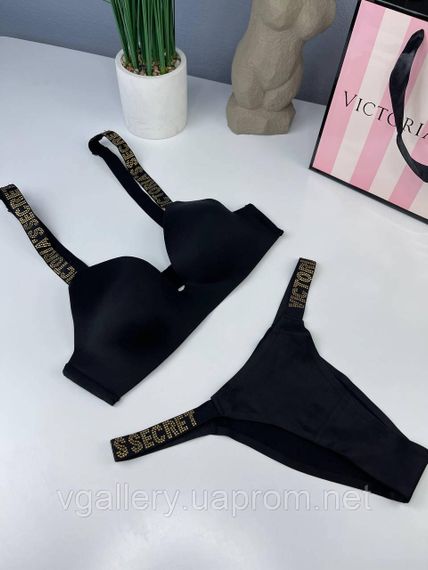 Комплект жіночої безшовної білизни Victoria`s Secret GOLD із золотими стразами Чорний колір - 85C | Зображення 1