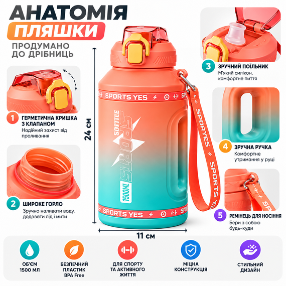 Эко-бутылка для воды SPORTS BOTTLE 1500 мл - большая многоразовая спортивная бутылка со встроенной ручкой, оранжевый градиент | Зображення 2