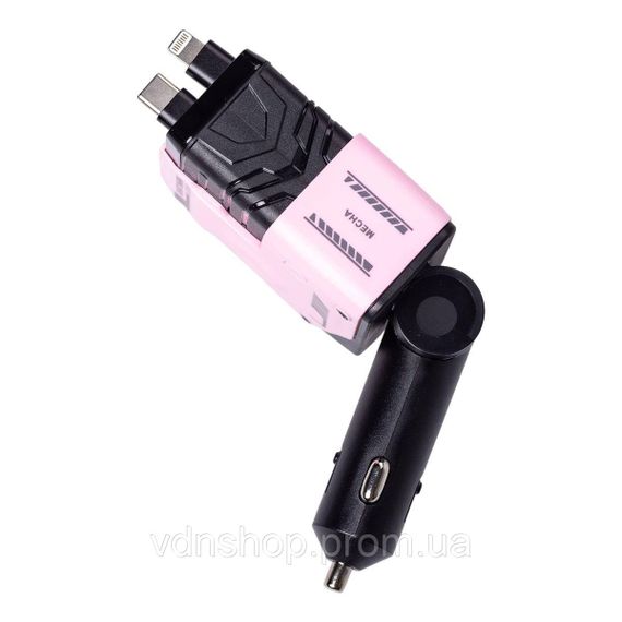 Автомобильное зарядное устройство MECHA с выдвижными кабелями и портами USB/Type-C Розовый HP-A1P | Зображення 2