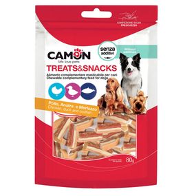 Лакомство для собак мясное Camon кусочки из курицы, утки и трески, 80 гр, 3*1 см