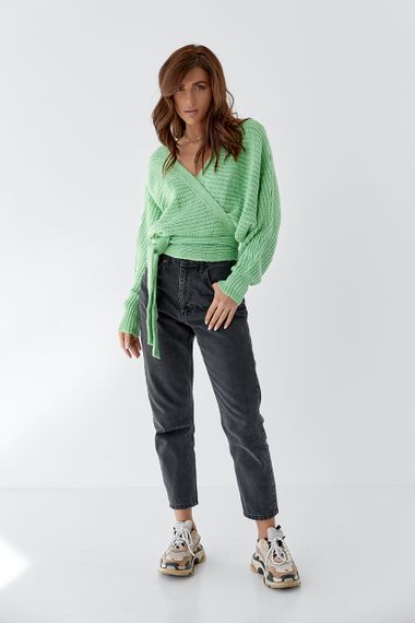 Коротка в'язана кофта із запахом та поясом QU STYLE - салатовий цвет, ONE SIZE (є розміри) | Зображення 4