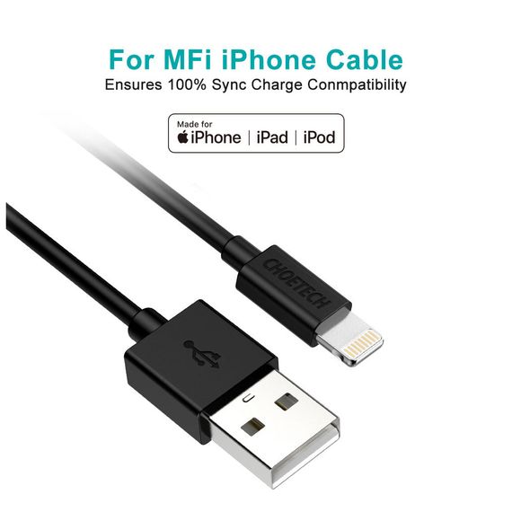 Дата кабель USB 2.0 AM to Lightning 1.2m 2.4A MFI Choetech (IP0026) | Зображення 1
