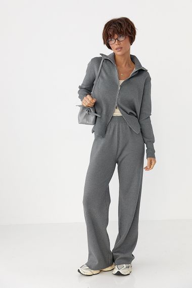 Трикотажний костюм із коротким кардиганом на блискавці та широкими штанами - сірий цвет, ONE SIZE (є розміри) | Зображення 4