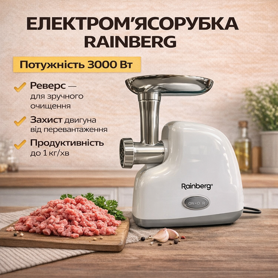 Домашняя электрическая мясорубка Rainberg RB-2319 3000 Вт с реверсом белая