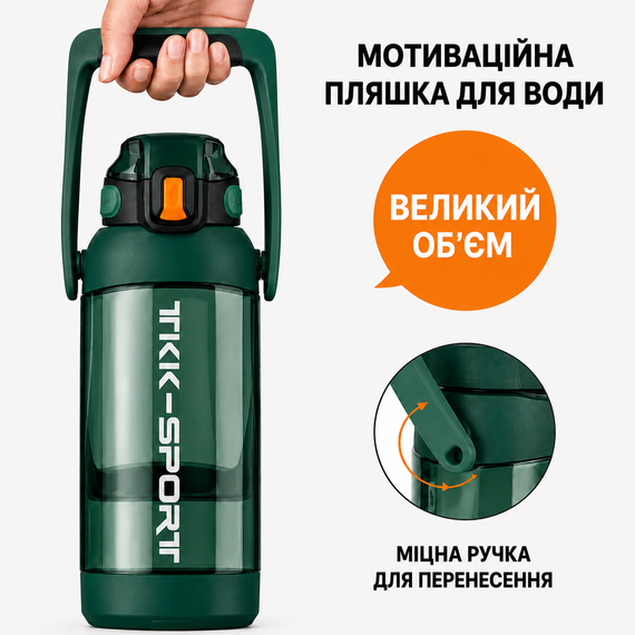 Бутылка TKK 1400 мл - Зеленая Tritan BPA-free, ударопрочная, спортивная с двойной системой переноски | Зображення 3