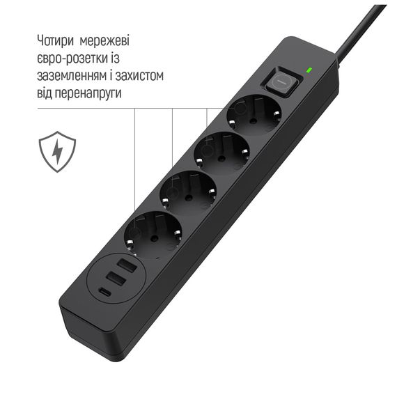 Мережевий фільтр живлення ColorWay CW-CHE435PDB, 4 розетки/3USB 5M (CW-CHE435PDB) | Зображення 8
