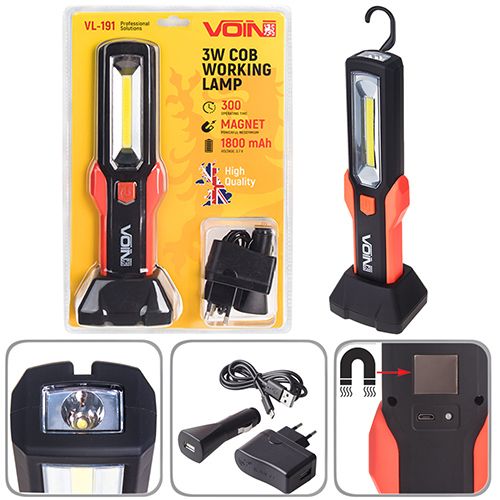 Переносна лампа "VOIN" VL-191 12V/220V/3W-COB+2 LED-НР/АКБ/магніт | Зображення 5