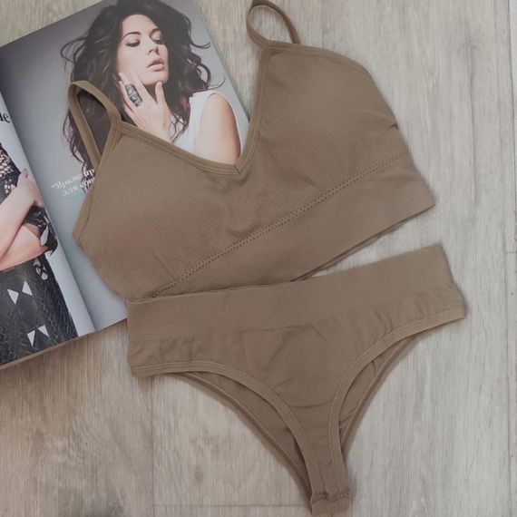 Комплект женского нижнего белья в рубчик S/M  коричневый | Зображення 4