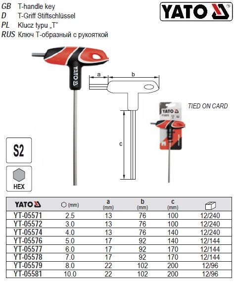 Ключ 6 гранний ручка YATO Польща HEX М5 l=140 мм YT-05576