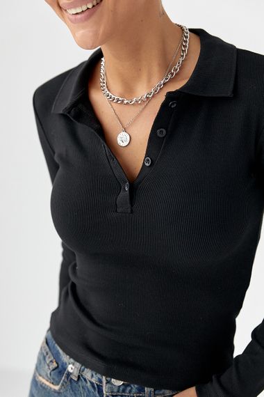 Приталена кофта-поло в рубчик - чорний цвет, S (є розміри) | Зображення 3