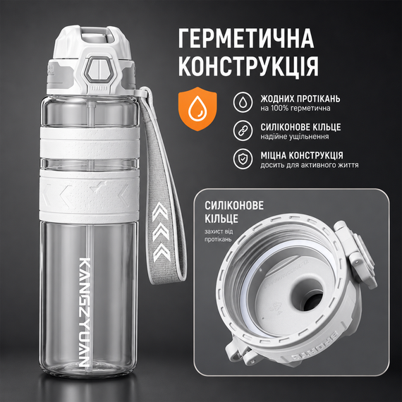 Спортивная бутылка KANGZYUAN 1000 мл (1 л) - Белая Tritan BPA-free, ударопрочная эко-бутылка с антискользящим гриппом | Зображення 5