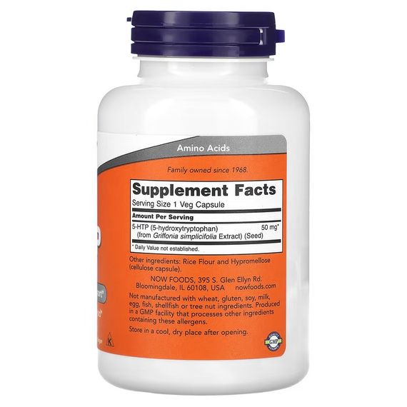 Амінокислота NOW 5-HTP, 50 mg, 180 Veg Capsules | Зображення 1