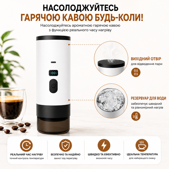 Портативная кофеварка эспрессо с подогревом воды 18 бар аккумуляторная 7800mAh для капсул и молотого кофе. Белая | Зображення 5