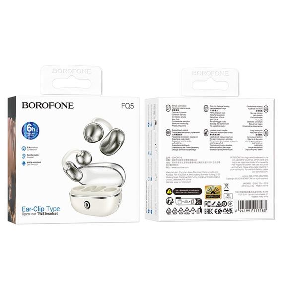 Бездротові навушники BOROFONE FQ5 Spirit clip-on true wireless BT headset Milky white | Зображення 1