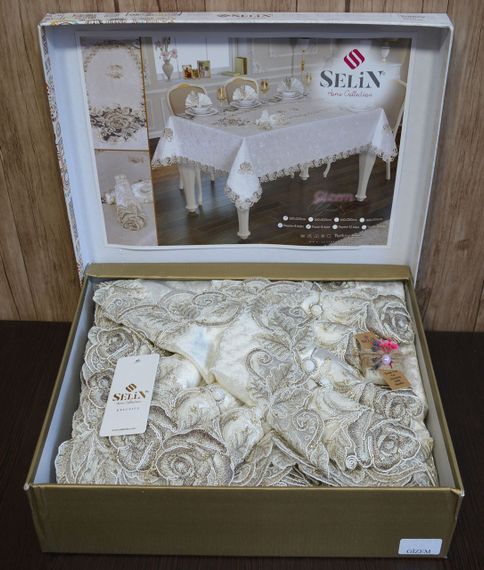 Велюрова скатертина Selin Gizem Set 160×350+12 серветок Кремова | Зображення 1