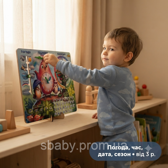 Дитячий дерев'яний календар-годинник Ubee Пташка, розвиваючий сортер погоди та часу | Зображення 1