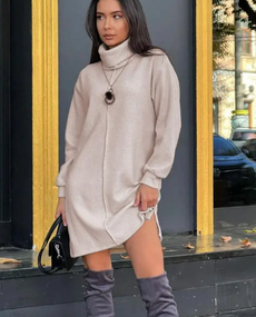 Женское теплое платье из двухсторонней ангоры с поясом GF08566 цвет бежевый, размер 50/52