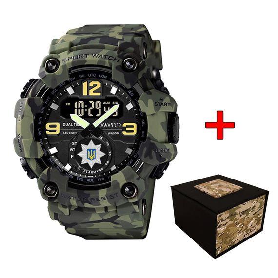 Чоловічий спортивний годинник кварцевий Awarder 004 Поліція Camo Green