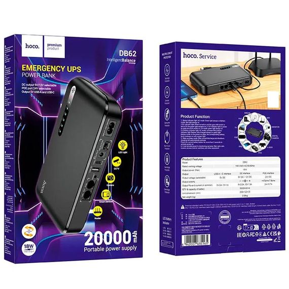 Джерело безперебійного живлення Hoco DB62 Smart Mini UPS для роутерів 5V/9V/12V 20000 mAh Black | Зображення 5