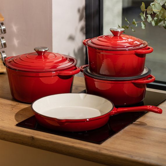 Набор чугунной посуды для приготовления 3 кастрюли и сковорода с эмалированным покрытием Красный | Зображення 8