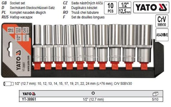 Набор головок торцевых YATO Польша 1/2'' М10-24 l=76 мм 10 штук YT-38861