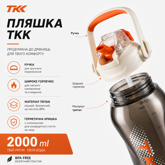Бутылка для воды TKK спортивная 2000 мл с соломинкой, ручкой и ремешком, герметичная пластиковая. Белая | Зображення 2