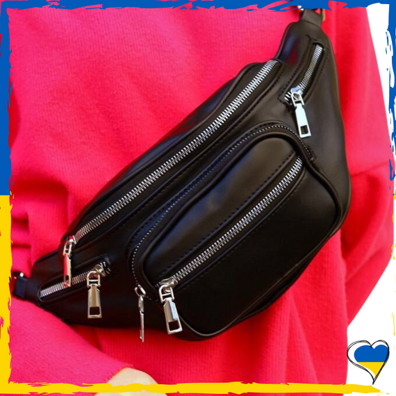 Бананка жіноча з гладкої екошкіри чорний колір. Сумка через плече жіноча