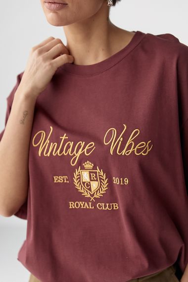 Оверсайз футболка з вишитими написами - бордо цвет, ONE SIZE (є розміри) | Зображення 3