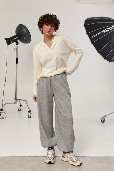 Вільний лонгслів з мереживом - кремовий цвет, ONE SIZE (є розміри) | Зображення 2