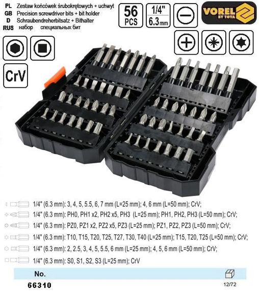 Набор отверточных насадок Польша биты 1/4" 56 штук STHOR-66310