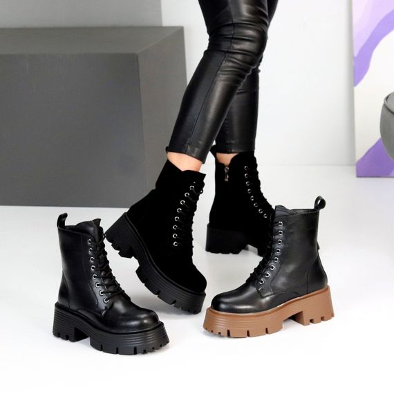 Молодіжні чорні шкіряні зимові черевики берці на масивній підошві карамель | Зображення 9