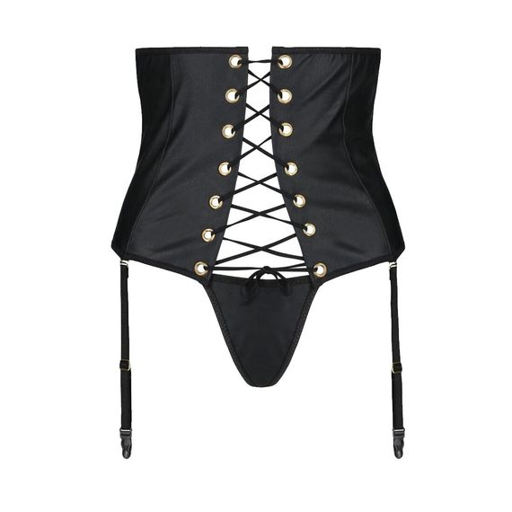 Пояс-корсет з екошкіри Passion CELINE SET with Open Bra 4XL/5XL, black, шнурівка, пажі, стрінги | Зображення 2
