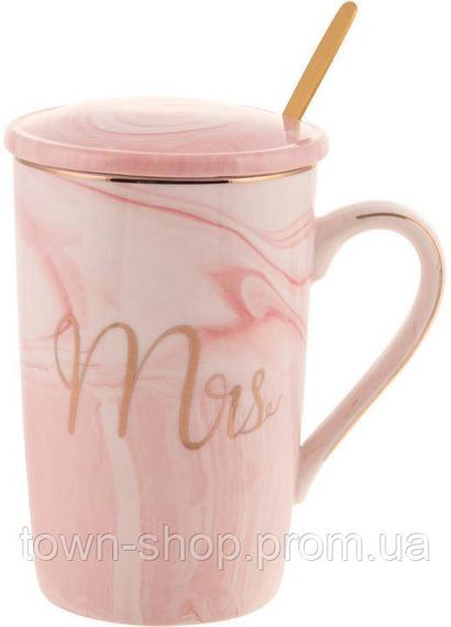 Кружка фарфоровая Coffee Prelude "Mrs" 420мл с крышкой и ложкой, розовый мрамор BD-984-205